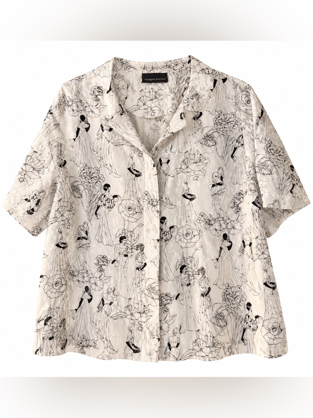 Vintage White Button-Front Short Sleeve Blouse with Lady Print